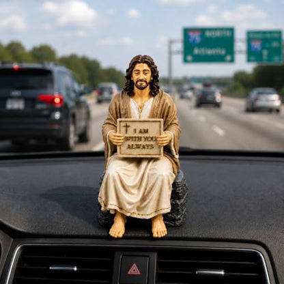 Jesus Christ Peaceful Seated Statue | 5 Inch Handcrafted Jesus Resin Figurine with I Am with You Always Plaque | Christian Home Décor Jesus Resin Idol for Home, Prayer Corner, Altar & Gifting
