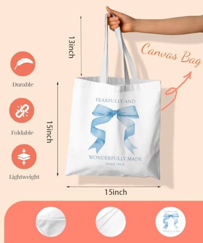 Coquette Bow Bible Canvas Tote Bag for Women Teens Teen Girls, Pink Bow Girls Tote Bag, Coquette Gifts - color: Blue Bow Bible