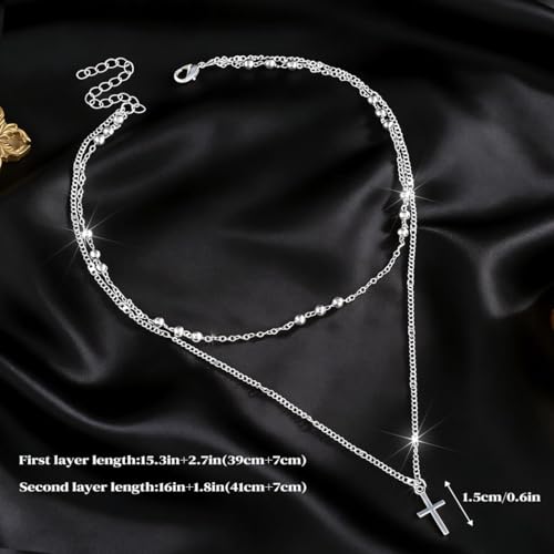 Sterling Silver Plated Cross Necklace 14K Gold Layered Beads Necklace Chain Waterproof Trendy Jewelry for Women - color: Silver