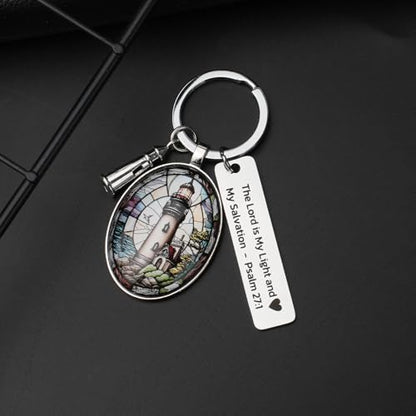 3D Glass Lighthouse Keychain with Bible Verses,Christian Gifts for Women Faith - color: Psalm 27:1
