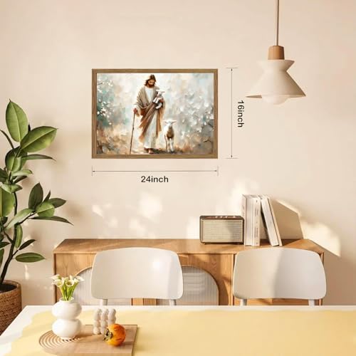 Christian Wall Art, Jesus the Good Shepherd Canvas Painting, Lost Sheep Biblical Scene, 3D Textured Sandstone Style Wood Framed Artwork for Prayer Room Bedroom 24x16 Ready to Hang - color: Jesus Finds The Lost Lamb, size: 24"L x 16"W