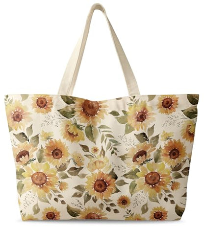 Miss Adola Large Tote Bag for Women - Canvas Tote Bag with Zipper Aesthetic Reusable Shoulder Bag for Gym, Travel, Work - style: Watercolor Sunflower
