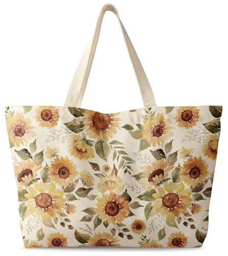 Miss Adola Large Tote Bag for Women - Canvas Tote Bag with Zipper Aesthetic Reusable Shoulder Bag for Gym, Travel, Work - style: Watercolor Sunflower