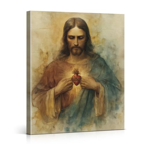 Christian Sacred Heart of Jesus Wall Art Jesus Heart Canvas Print Framed - color: color-R