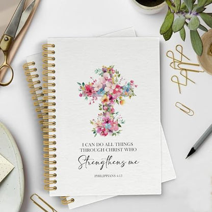 Floral Christian Spiral Notebook Journal, I Can Do All Things Through Christ Bible Notebooks for Note Taking, Christian Gifts for Women, Bible Hardcover Spiral Journal 5.5x8.3 Inches Writing Pads - color: Cross