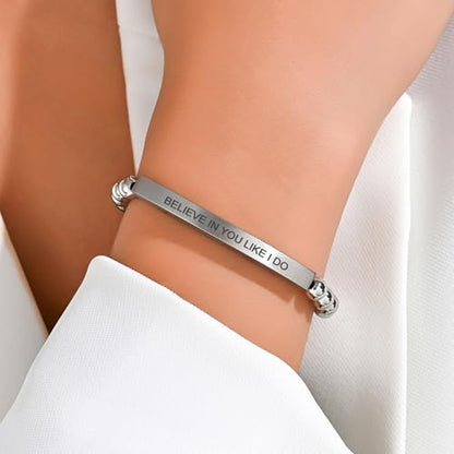 Inspirational Christian Bracelet for Women, Stainless Steel Beaded Cross Jewelry with Bible Verse, Religious Faith Gift for Mom, Daughter, Sister, Friend - color: BELIEVE IN YOU LIKE I DO-Silver Bead
