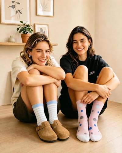6 Pairs Crew Socks for Women, Soft Cute Funny Cotton Socks - color: Sky Candy