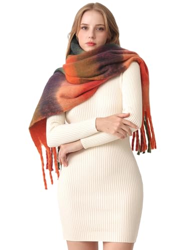 HOTIAN Women's Large Scarf Colorful Chunky Plaid Scarves Soft Winter Thick Tassel Warm Wrap Shawl - color: Green-red (Forest)