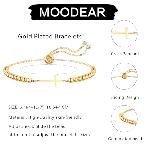 Moodear Cross Bracelet for Women, Dainty Sterling Silver/Gold Plated Gift - color: Bead Gold Cross Bracelet