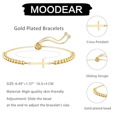 Moodear Cross Bracelet for Women, Dainty Sterling Silver/Gold Plated Gift - color: Bead Gold Cross Bracelet