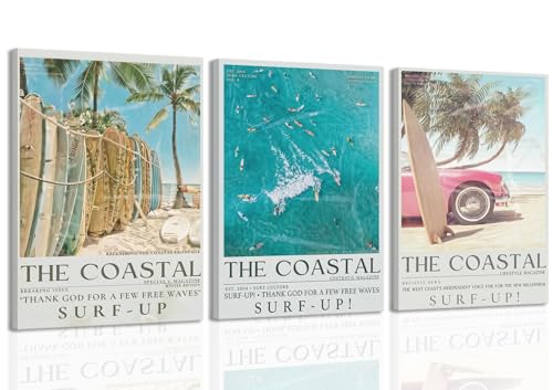 CXQILVER Coastal Beach Canvas Wall Art Set of 3, Modern Ocean Surfing Seascape Wall Decor Retro Newspaper Beaches Poster Prints Summer Preppy Pictures for Bedroom Living Room Girls Dorm 16x24in Framed - color: Blue coast, size: 24"L x 16"W