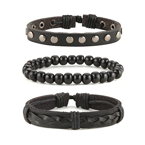HZMAN Handmade Hemp Cords Wood Beads Leather Bracelets for Men Women - style: Wooden bead style 6