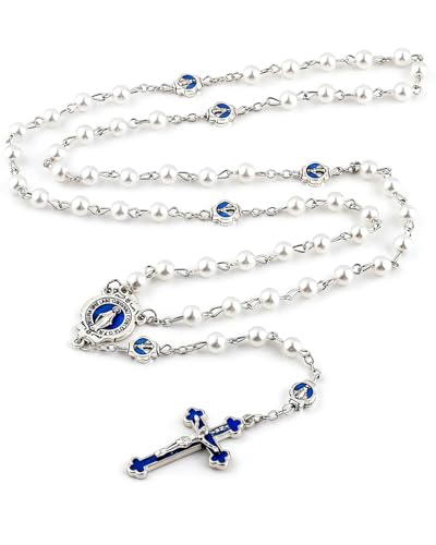 Catholic Rosary Necklace, Solid Glass Beads, Prayer Guide Included, Faith Gift for Women - color: White