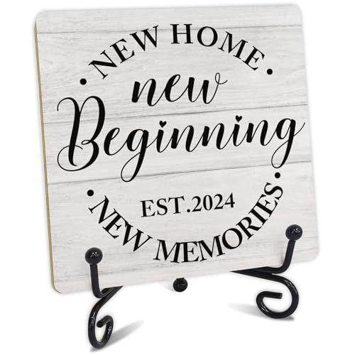 Housewarming Gift, Rustic Farmhouse Style Wood Plaque Sign With Stand, Rustic New House Gifts, New Home Sign Desk Shelf Farmhouse Room Decor, New House Presents for Home Living Room Desk Sign Decor - style: O