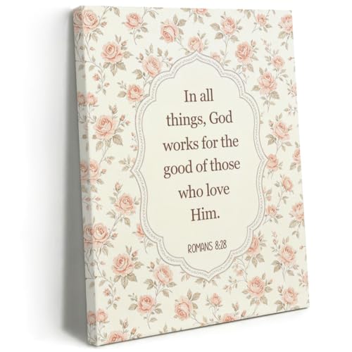 BEASTZHENG Romans Pink Rose Floral Canvas Wall Art Religious Home Accent - color: Romans 8：28