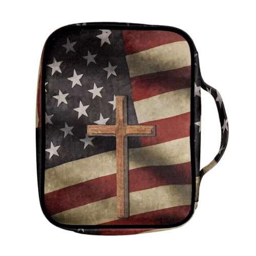 Coldinair American Flag Cross Bible Cover for Men and Women Bible Case Bible Carrier Carrying Organizer Purse Handbag with Zipper Pockets Church Bag - color: American Flag Cross