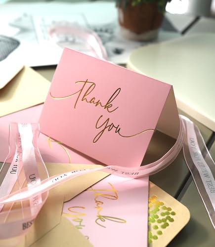 Winoo Design 100 PK Pink and Gold Thank You Cards with Envelopes Bulk - 5 x 3.5 Inches Personalized Thank You Notes for Baby Shower Wedding Small Business Graduation Funeral Birthday - color: PINK