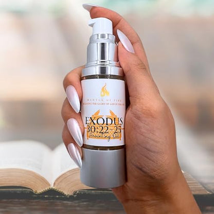 Exodus 30:22-25 Anointing Oil 1oz. Recipe from God to Moses: 500 shekels of Myrrh, 250 Each of Fragrant Cinnamon and Calamus, 500 of Cassia, and a hin of Olive Oil.
