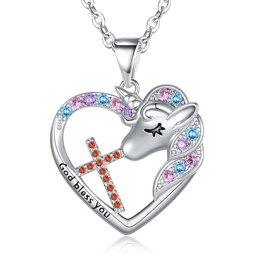 Easter Confirmation First Communion Baptism Gifts for Girls,Cross Birthstone Unicorn Necklaces for Daughter Granddaughter Niece Sister Christian Religious Gifts 16+3 Inches - color: 01.January