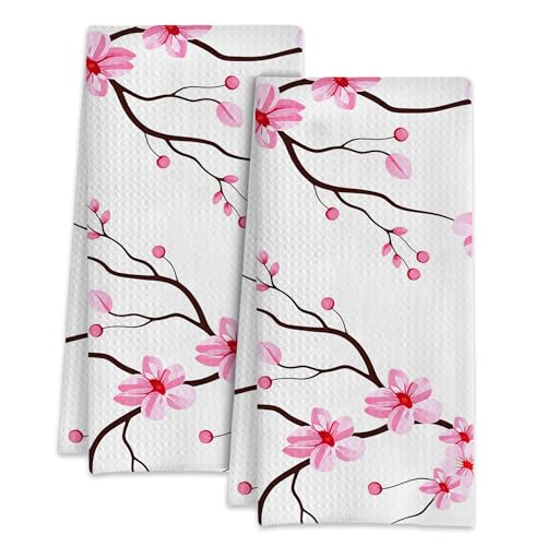Cherry Blossom Floral Kitchen Towels Set of 2,Flowers Bathroom Hand Towels 16x24 Inch Absorbent Tea Washcloths for Cleaning Spring Bathroom Decor Kitchen Accessories Gifts - color: Cherry Blossom Floral