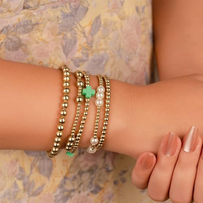Gold Beaded Pearl Cross Bracelets Stackable Christian Stretch Jewelry Set - color: Green