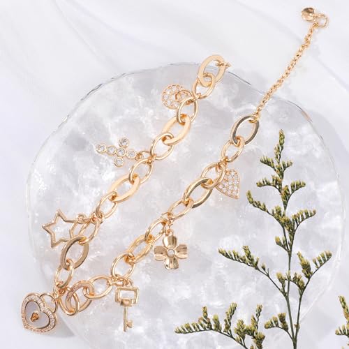 Boho Cute Gold Charm Link Bracelet for Women Starfish Clover Cross Star Lock Key Heart Pearl Charm Bracelets Vacation Spring Summer Santa Claus Reindeer Christmas Party Jewelry Gifts for Womens - style: Gold Lock and Key Charm