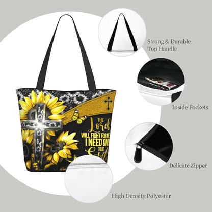 Bible Tote Bags for Women Christian Tote Bag Church Shoulder Bag Inspirational Bags With Zipper Christian Gift - color: The Lord Will Fight for Me