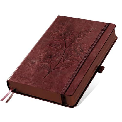 A5 Blooming Flower Leather Journal, 300 Pages Lined Notebook, Red Vintage Pattern Hardcover Notebook for Travel Diary, Business, Work and School Daily Writing - style: Flower
