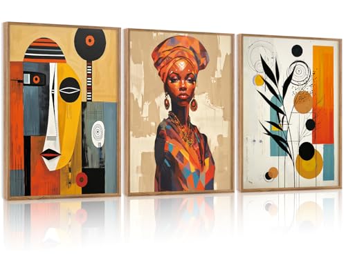 CHDITB Boho Abstract Black Woman Framed Canvas Wall Art, Orange African Artwork Ethnic Minimalist Portrait Murals Wall Decor, Vintage Geometric Aesthetics Art Prints For Bedroom Living Room-12X16 Inch - color: Boho wall art 1