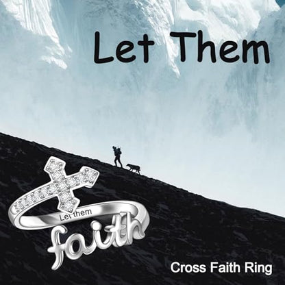 Helonley Cross Faith Ring for Women - 925 Sterling Silver Inspiration Rings - style: Let Them