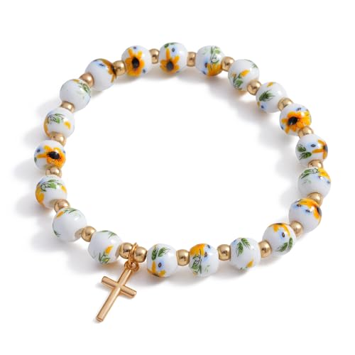 Cross Charm Bracelet for Women,Flower Floral Antique Vintage Bracelet Beaded and Cross Stretch Bracelet Aesthetic Religious Christian First Communion Baptism Confirmation Gifts Jewlery Gifts - color: Yellow