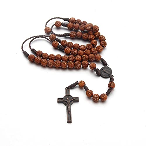 COLORFUL BLING Natural Wooden Catholic Rosaries Wood Crucifix Prayer Beads Pendant Necklace Prayer Jesus Religious Cross Rosary Necklace Handmade Jewelry - color: flower