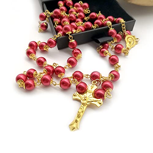 Rosary Beads Catholic for Women Girls, First Holy Communion Rosary Gifts for Girls Catholic, Gold White Rosary Necklace for Women Imitation Pearl Beads Necklace Rosarios Catolicos - color: Red