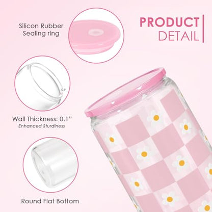 SANDJEST Checkerboard Daisies Glass Can, Floral Checker Cup with Lid & Straw, Iced Coffee Aesthetic Cups, Gift for Christmas Birthday Mother Day, Gifts for Women, 16oz - color: Checker Daisy