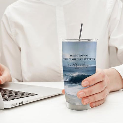 Christian Coastal Beach 20oz Travel Coffee Mug Tumbler, Gifts for Beach Lovers, Bible Verse Ocean Waves Seascape Religious Stainless Steel Tumbler with Lid and Straw - color: Deepwater