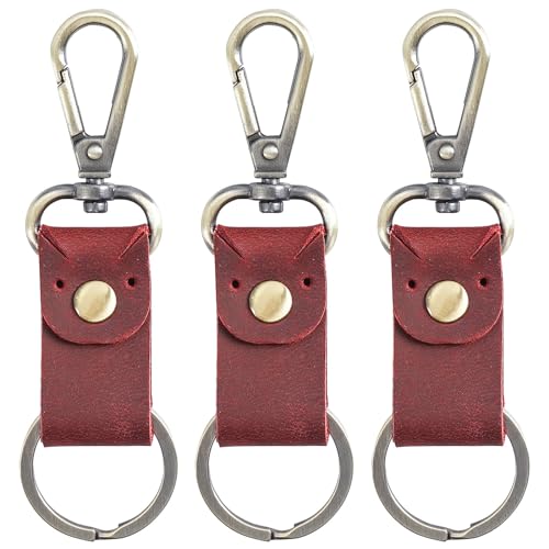Jack&Chris Genuine Leather Keychain, Small Keychain for Man and Women, Key Holder Mens Belt Key Chain Ring, Red Brown - color: 3pack-red
