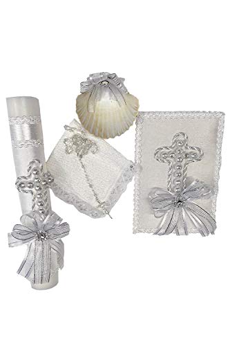 Swea Pea & Lilli White Pearl Cross Baptism Candle Set Kit for Christenings with Shell - Spanish