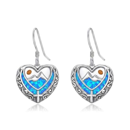 AOBOCO 925 Silver Mustard Seed Cross Heart Dangle Drop Earrings Women - color: Silver-Blue Opal