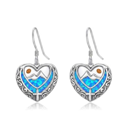 AOBOCO 925 Silver Mustard Seed Cross Heart Dangle Drop Earrings Women - color: Silver-Blue Opal