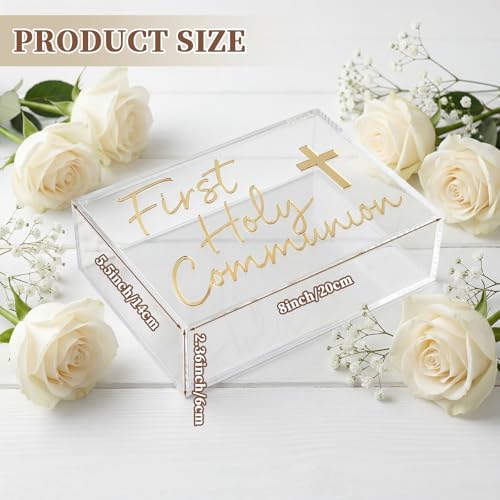First Communion Keepsake Box Acrylic Baptism Memory Gift Box for Boy Girl Catholic Religious First Holy Communion Prayer Storage Gift for Rosary Jewelry Memento Photo, 8 x 5.5 x 2.36 Inch
