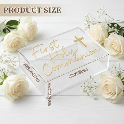 First Communion Keepsake Box Acrylic Baptism Memory Gift Box for Boy Girl Catholic Religious First Holy Communion Prayer Storage Gift for Rosary Jewelry Memento Photo, 8 x 5.5 x 2.36 Inch