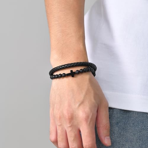 Mens Cross Bead Braided Genuine Leather Bracelet, Black Gemstone Agate Onyx Beaded Rosary Obsidian Bangle, Faith Religious Easter Catholic Christian Communion Baptism Christmas Jewelry Gift for Men - color: Black-9.25IN