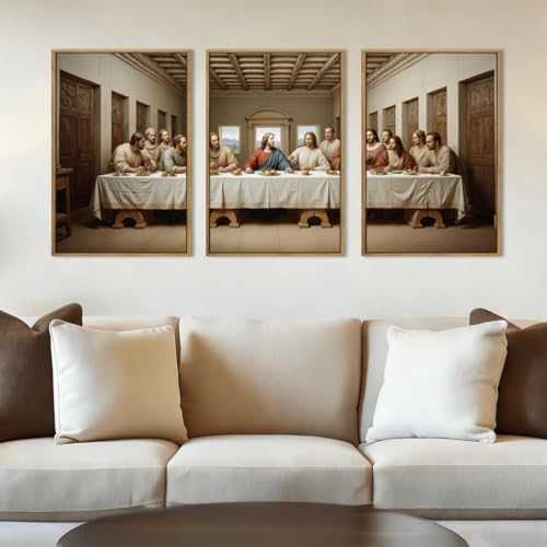 The Last Supper Canvas Wall Art Framed Christian Wall Decor 16x24 Inch Framed Jesus Religious Painting Modern Bible Pictures Set of 3 for Living Room Bedroom Hallway Office - color: The Last Supper, size: 24"L x 16"W
