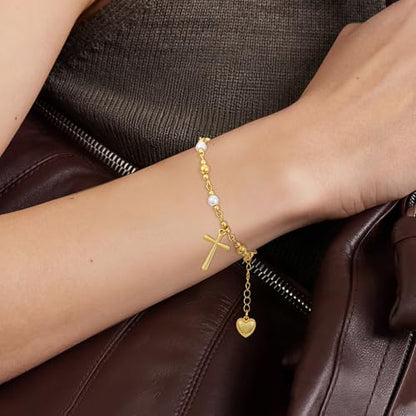 First Communion Confirmation Baptism Godmother Gifts for Teen Girls Women, Catholic Christian Cross Pearl Bracelet - color: Gold, size: ToMyMom