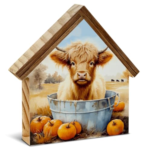 Fall Decorations Indoor, Autumn Pumpkin Cow House Shaped Wood Block Sign - color: Niu