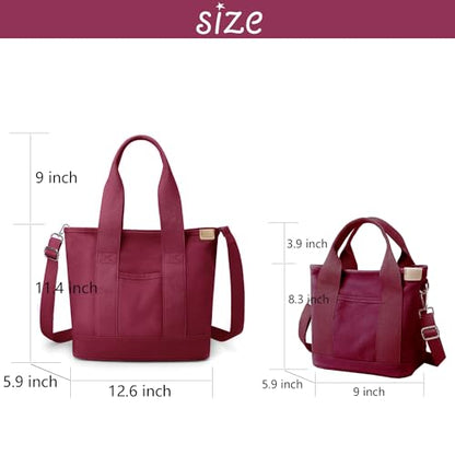 Canvas Tote Bag for Women,Small Totes Bags with Zipper Crossbody Purse with Pockets Large Shoulder Handbag,2 Sizes - color: Burgundy, size: Small