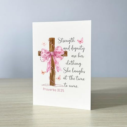 Strength and Dignity Are Her Clothing Card Christian Encouragement Cards Proverbs 31:25 Bible Verse Inspirational Spiritual Greeting Gift for Woman Mom Daughter Sister Friend Bestie Pastor's Wife Niece Mentor - color: Strength And Dignity Proverbs 31:25