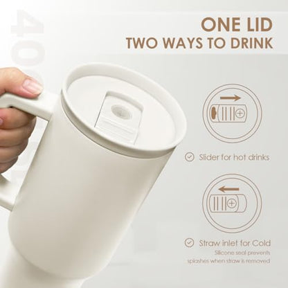 SANDJEST Ivory 40oz Tumbler with Handle and Straw, Insulated Stainless Steel Travel Coffee Mug for Women Girls, Gift Idea for Birthday Christmas Mothers Day - color: Beige