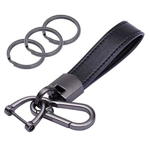 Wisdompro Genuine Leather Car Keychain, Universal Key Fob Keychain - color: Black (Carabiner Clip)