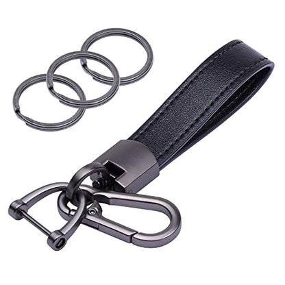 Wisdompro Genuine Leather Car Keychain, Universal Key Fob Keychain - color: Black (Carabiner Clip)